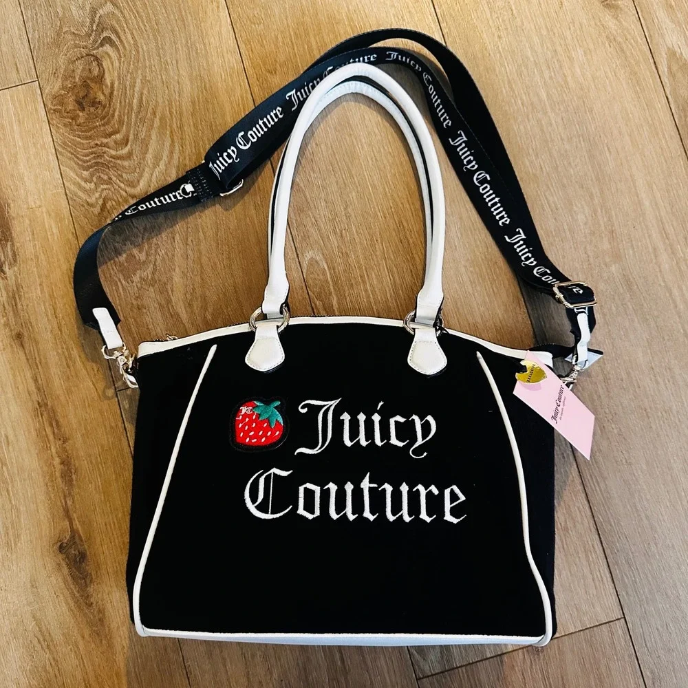 Juicy Couture Sweet N Juicy Apple Tote Black Velour Strawberry Bag 11JCD4RMX-LR